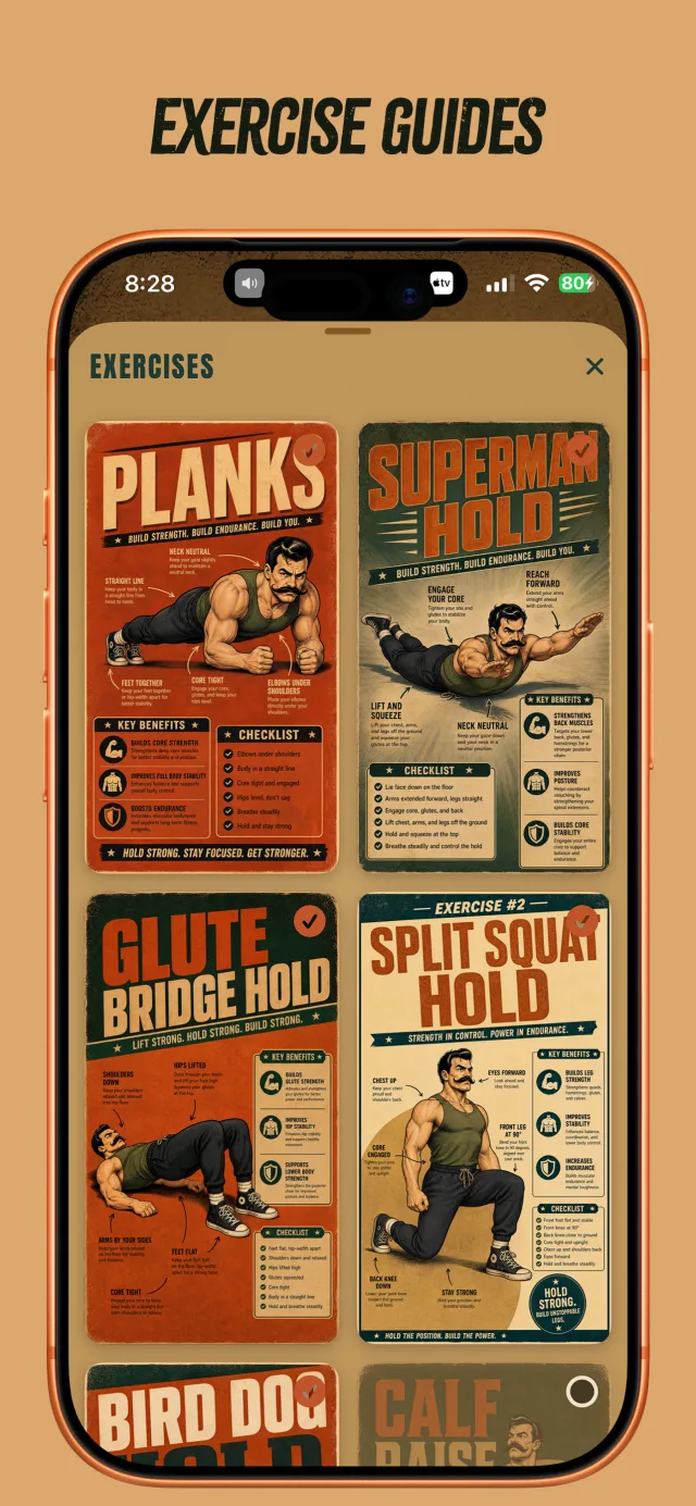 Hold Strong exercise library showing Planks, Superman Hold, Glute Bridge, and Split Squat guides